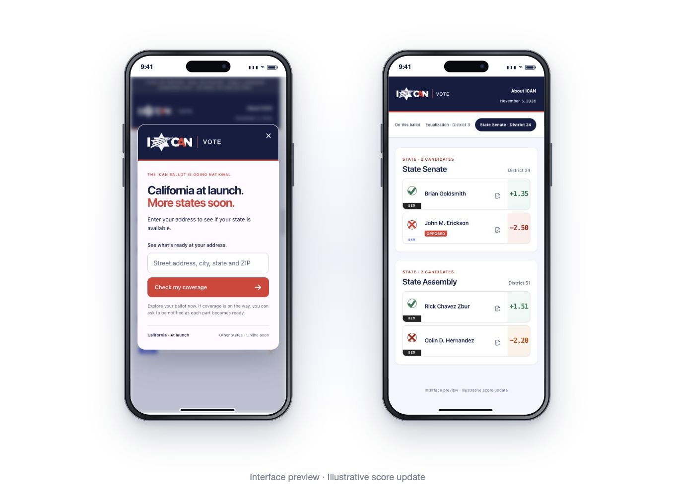 Level iPhone previews showing address lookup and candidate comparisons in ICAN Vote