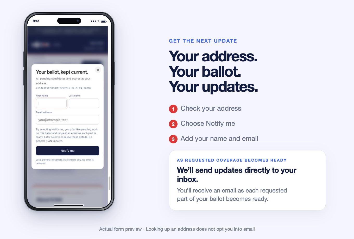 Notification request form and an explanation of updates delivered directly to your inbox