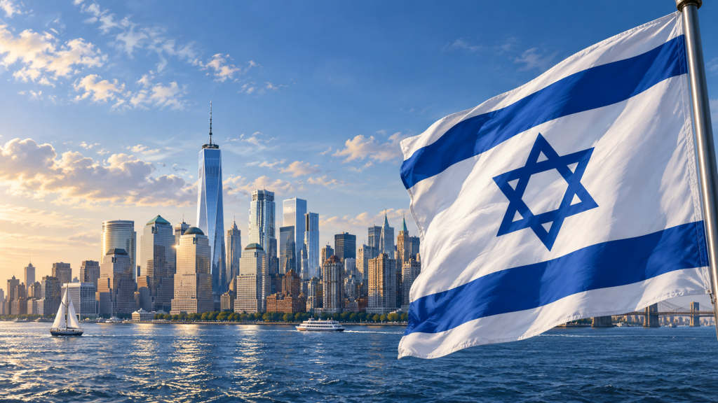 Conceptual editorial illustration of an Israeli flag overlooking the Lower Manhattan skyline.